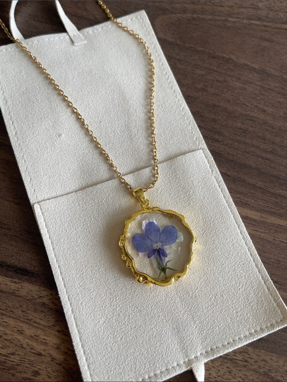 Gold Pendant Necklace with Pressed Purple Flower